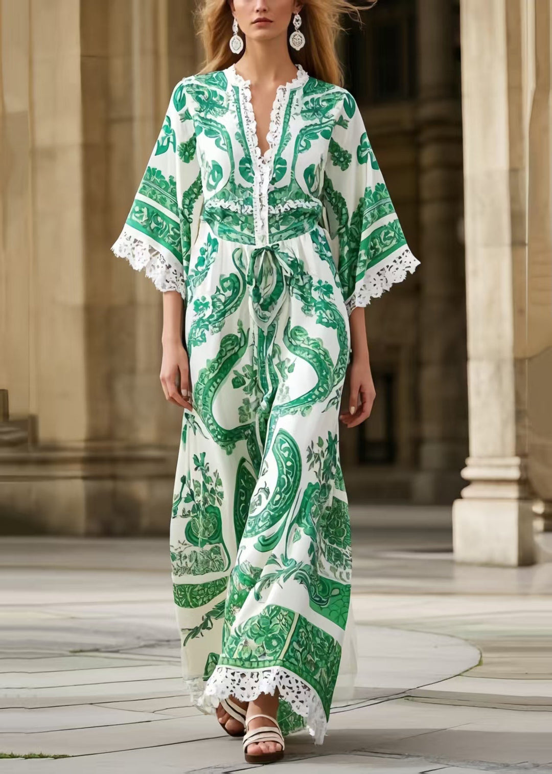 Organic Green Print Patchwork Lace Holiday Dress Summer