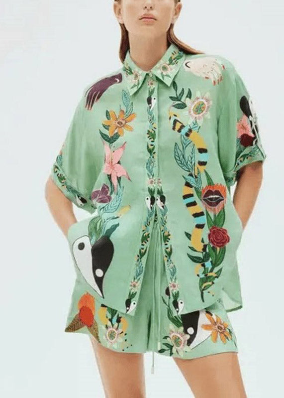 Organic Green Shirts And Shorts Patchwork Print Two Pieces Set Short Sleeve