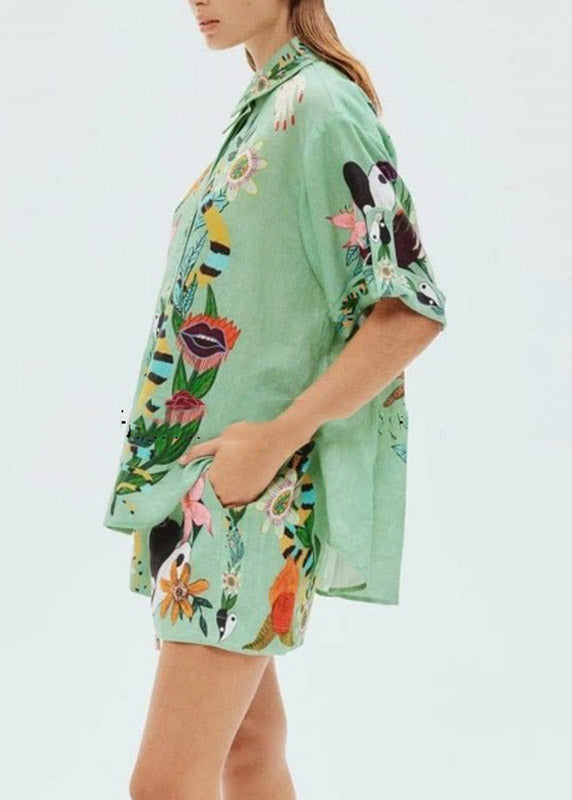 Organic Green Shirts And Shorts Patchwork Print Two Pieces Set Short Sleeve