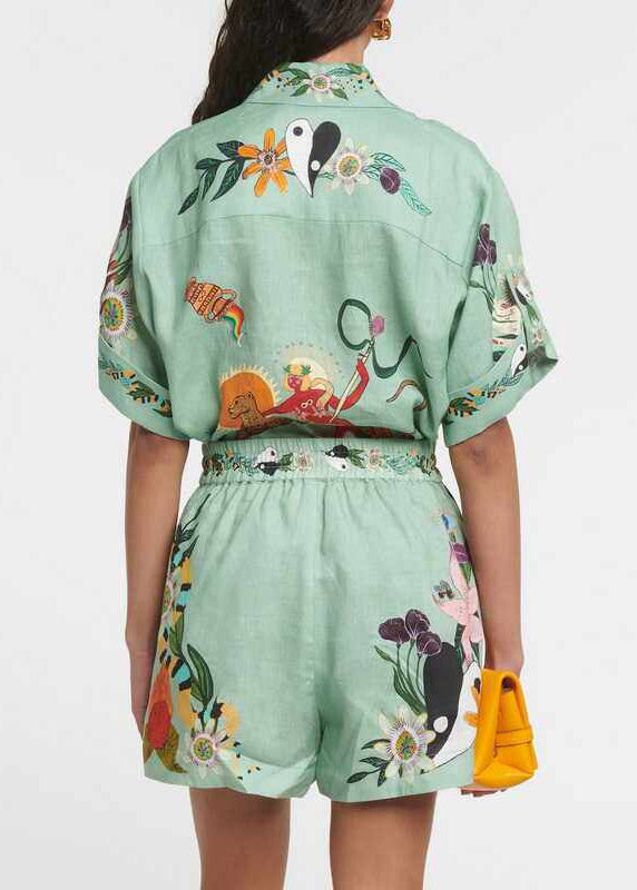 Organic Green Shirts And Shorts Patchwork Print Two Pieces Set Short Sleeve