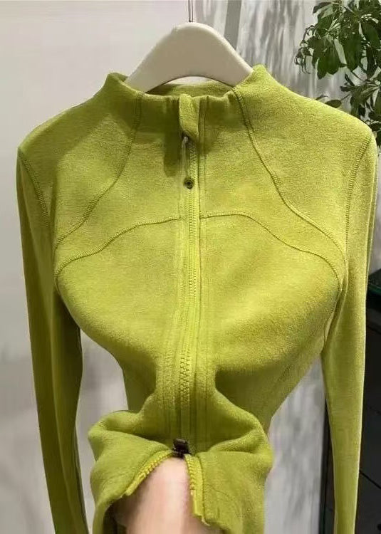 Organic Green Stand Collar Zippered Velour Coats Winter