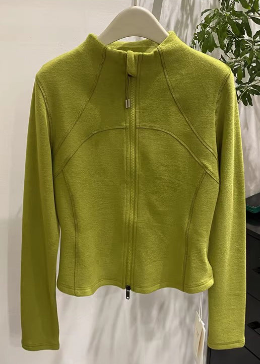 Organic Green Stand Collar Zippered Velour Coats Winter