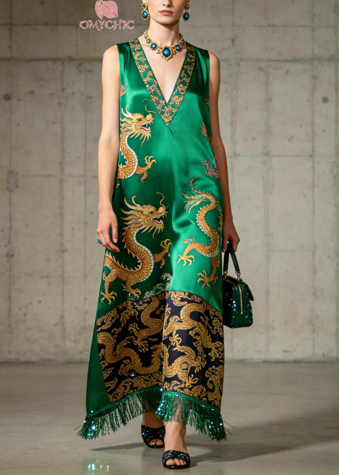 Organic Green Tasseled Print Silk A Line Dress Sleeveless
