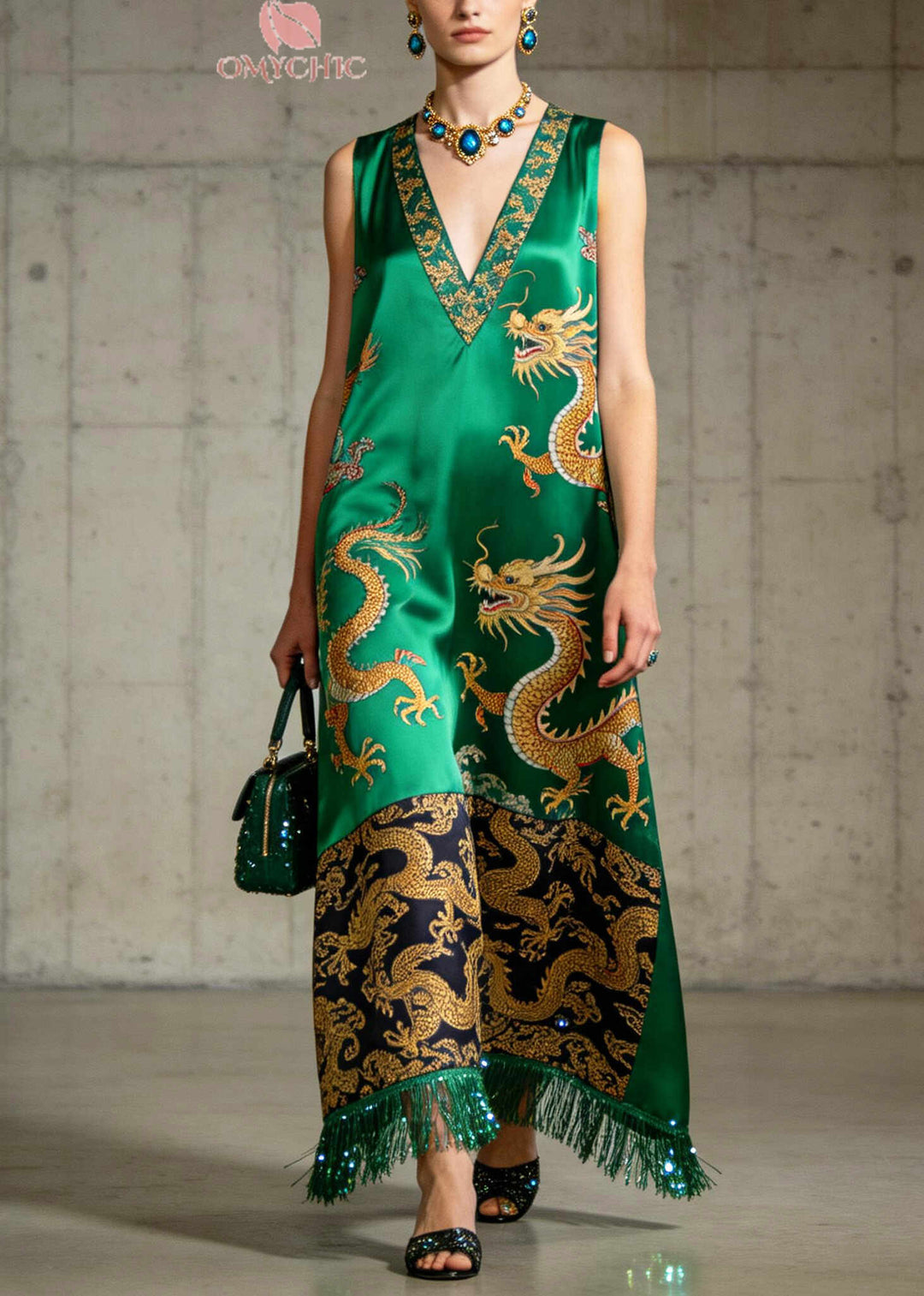 Organic Green Tasseled Print Silk A Line Dress Sleeveless
