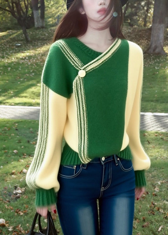 Organic Green V Neck Asymmetrical Patchwork Warm Cotton Knit Sweaters Winter