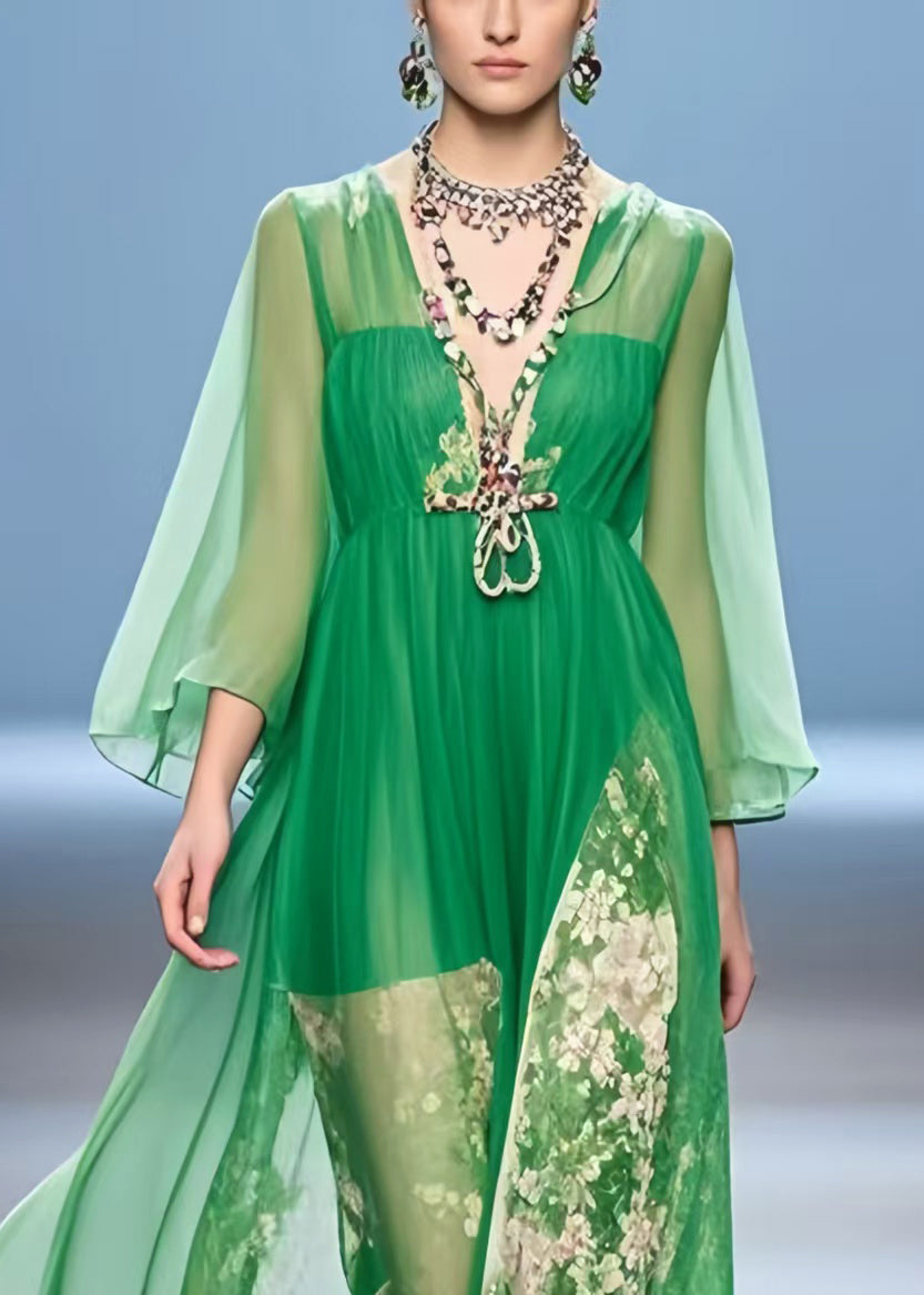 Organic Green V Neck Print Chiffon Vacation Dress Summer