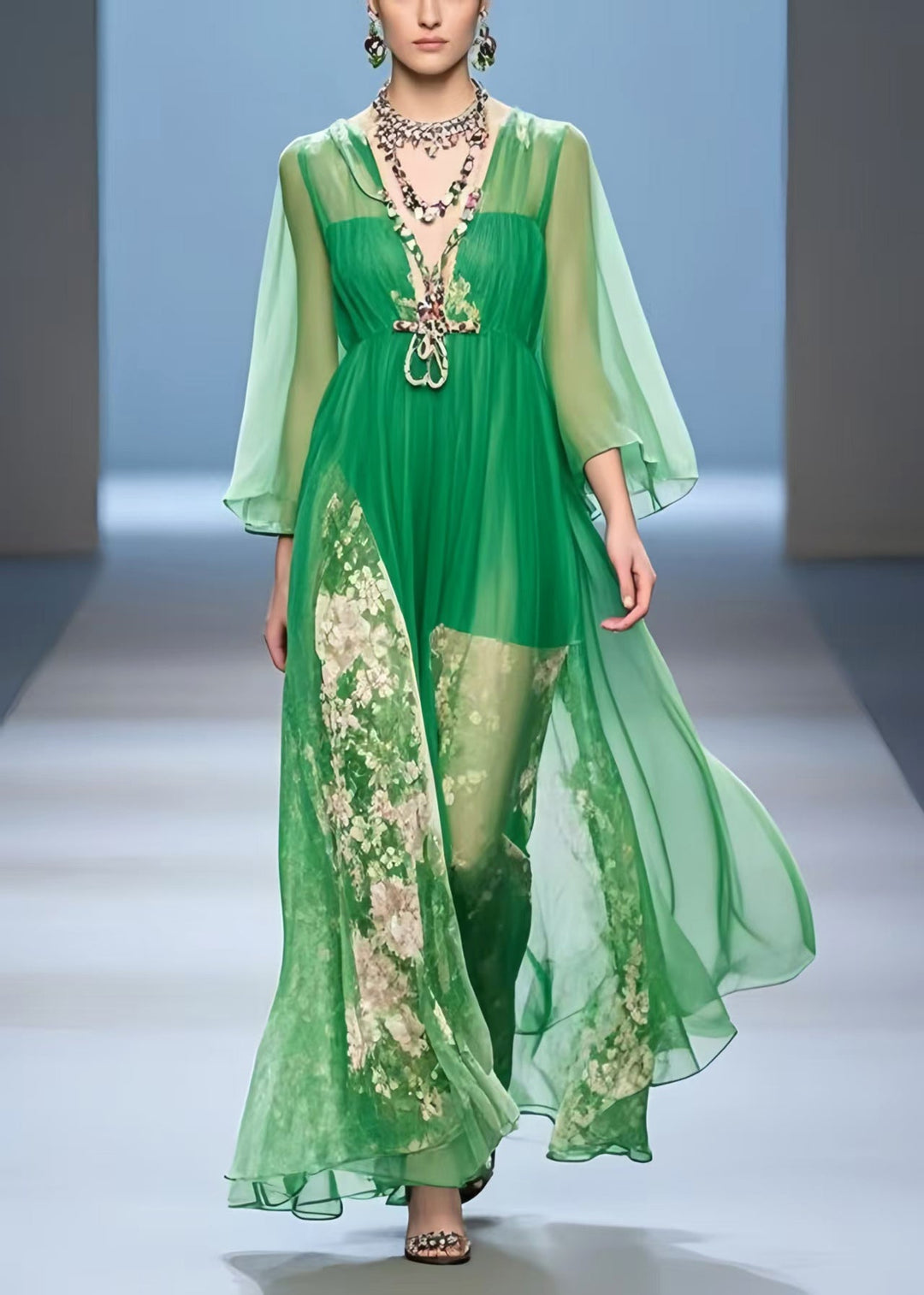 Organic Green V Neck Print Chiffon Vacation Dress Summer