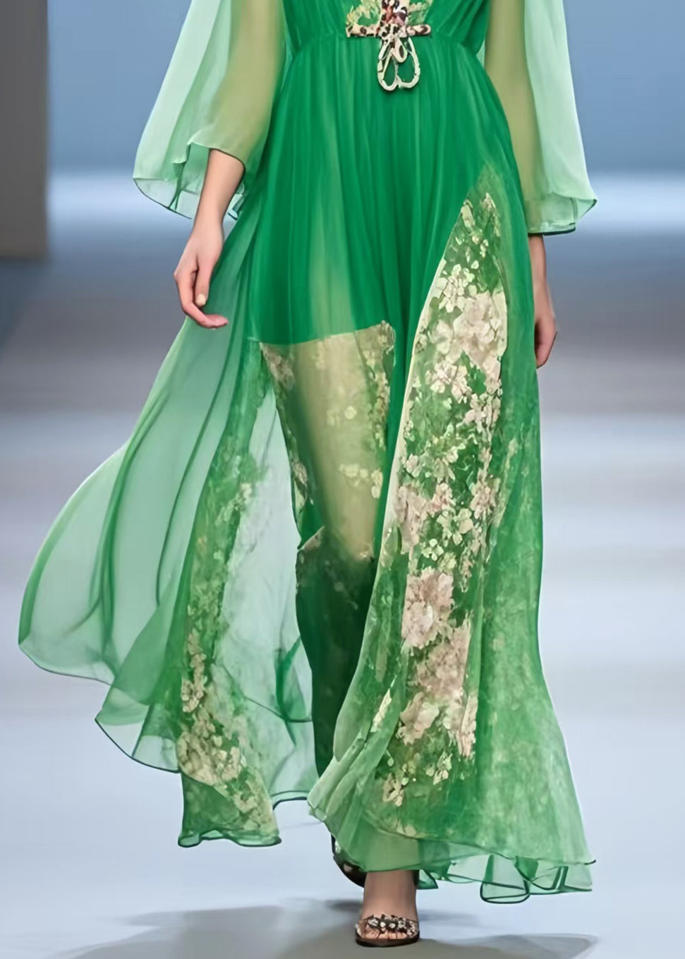 Organic Green V Neck Print Chiffon Vacation Dress Summer