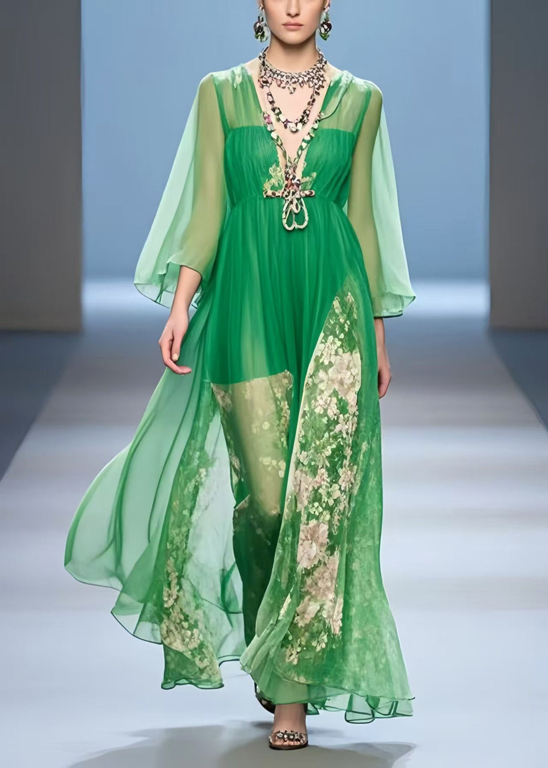 Organic Green V Neck Print Chiffon Vacation Dress Summer