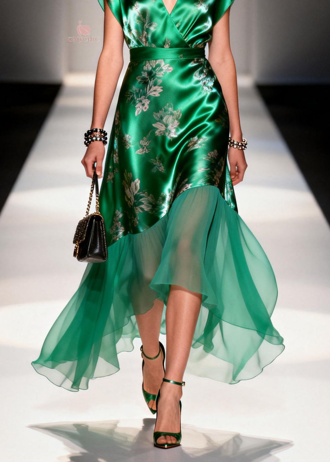 Organic Green V Neck Print Patchwork Silk Dresses Summer