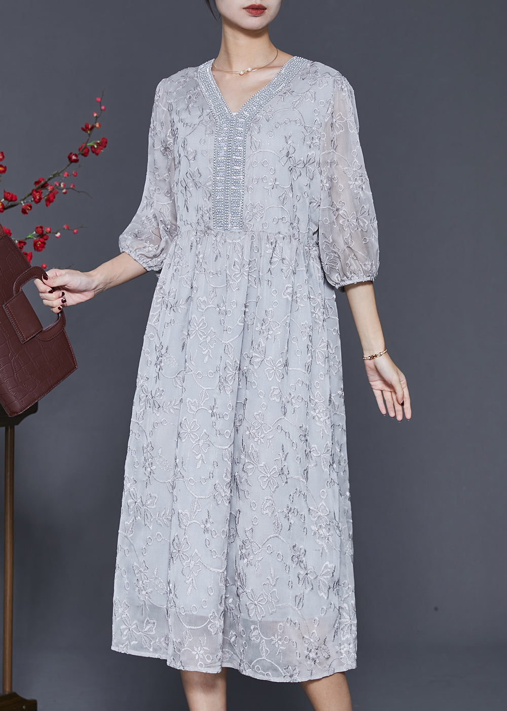 Organic Grey Embroidered Silk Long Dress Summer