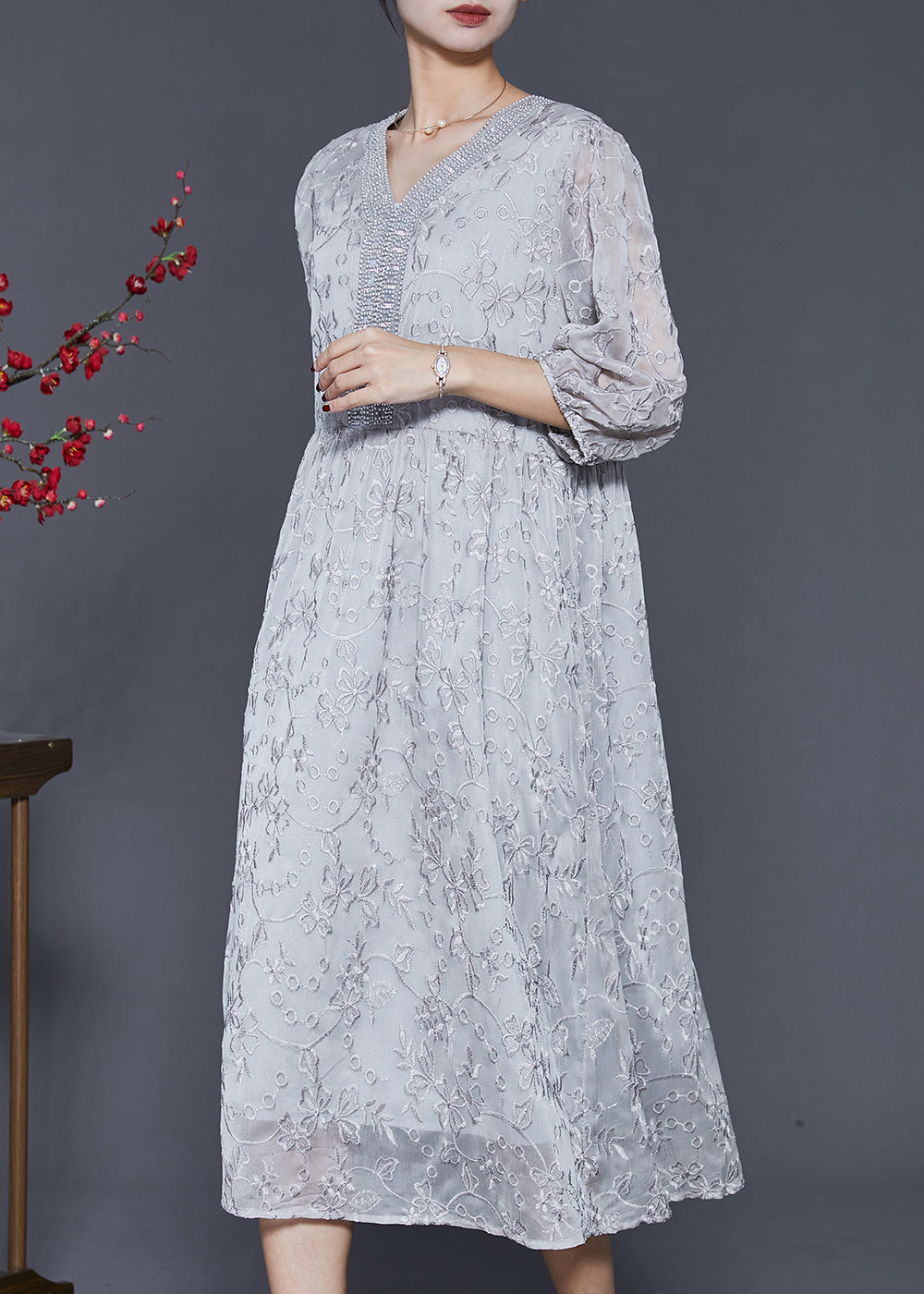 Organic Grey Embroidered Silk Long Dress Summer