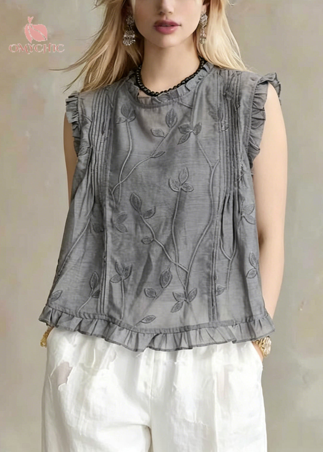 Organic Grey Embroideried Wrinkled Linen Beach Vest Sleeveless