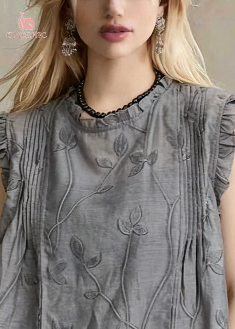 Organic Grey Embroideried Wrinkled Linen Beach Vest Sleeveless