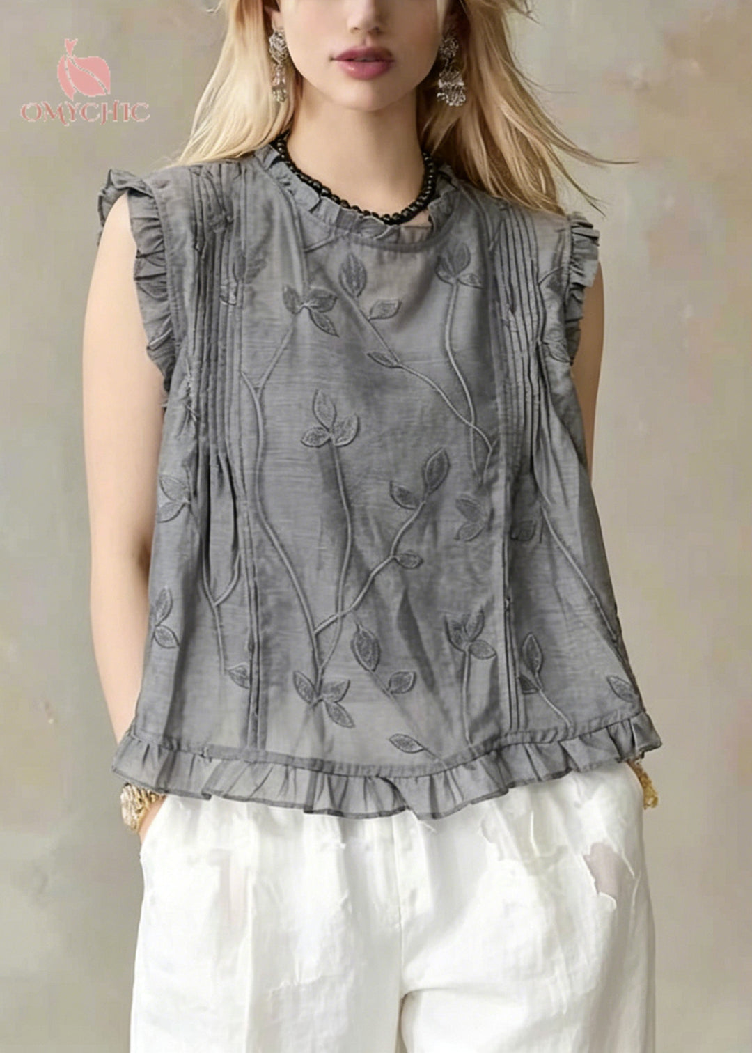 Organic Grey Embroideried Wrinkled Linen Beach Vest Sleeveless