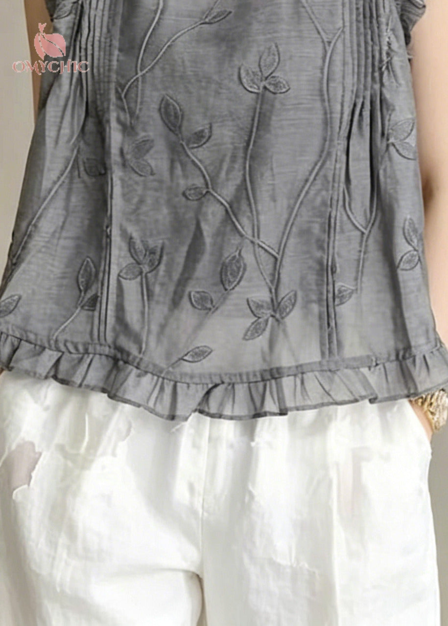 Organic Grey Embroideried Wrinkled Linen Beach Vest Sleeveless