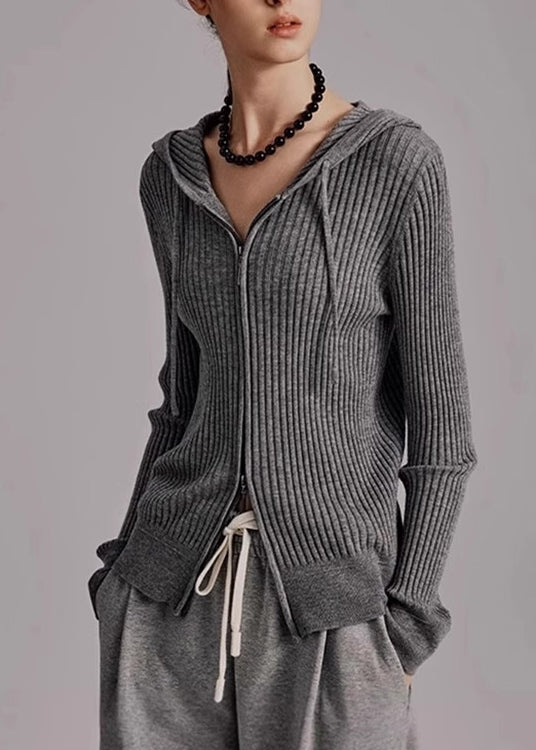 Organic Grey Hooded Zippered Knit Cardigans Spring