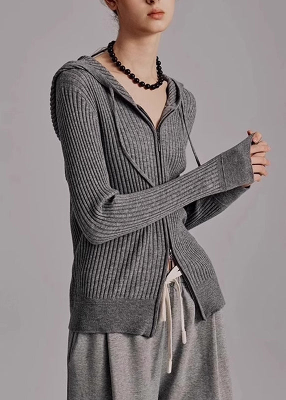 Organic Grey Hooded Zippered Knit Cardigans Spring
