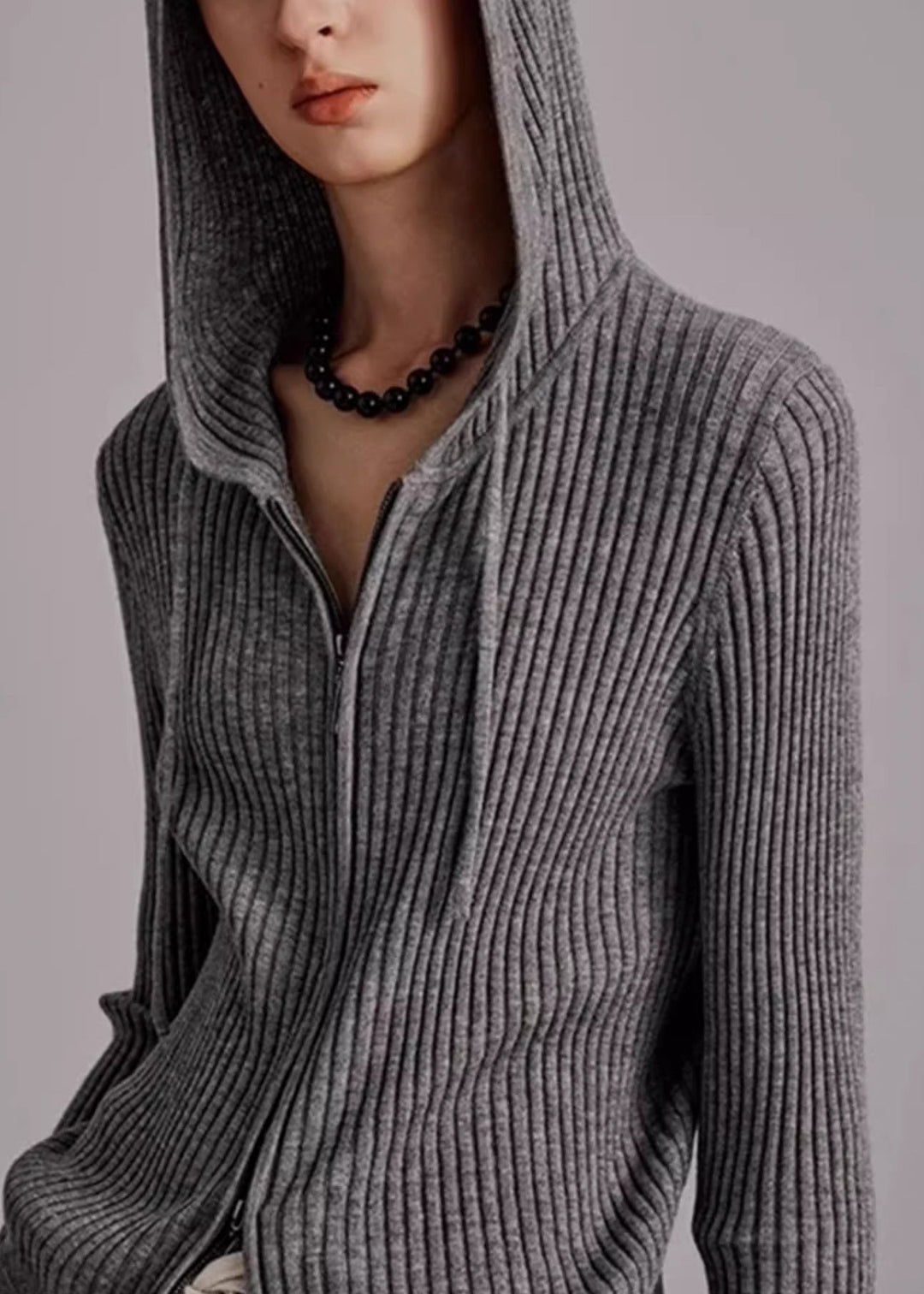 Organic Grey Hooded Zippered Knit Cardigans Spring