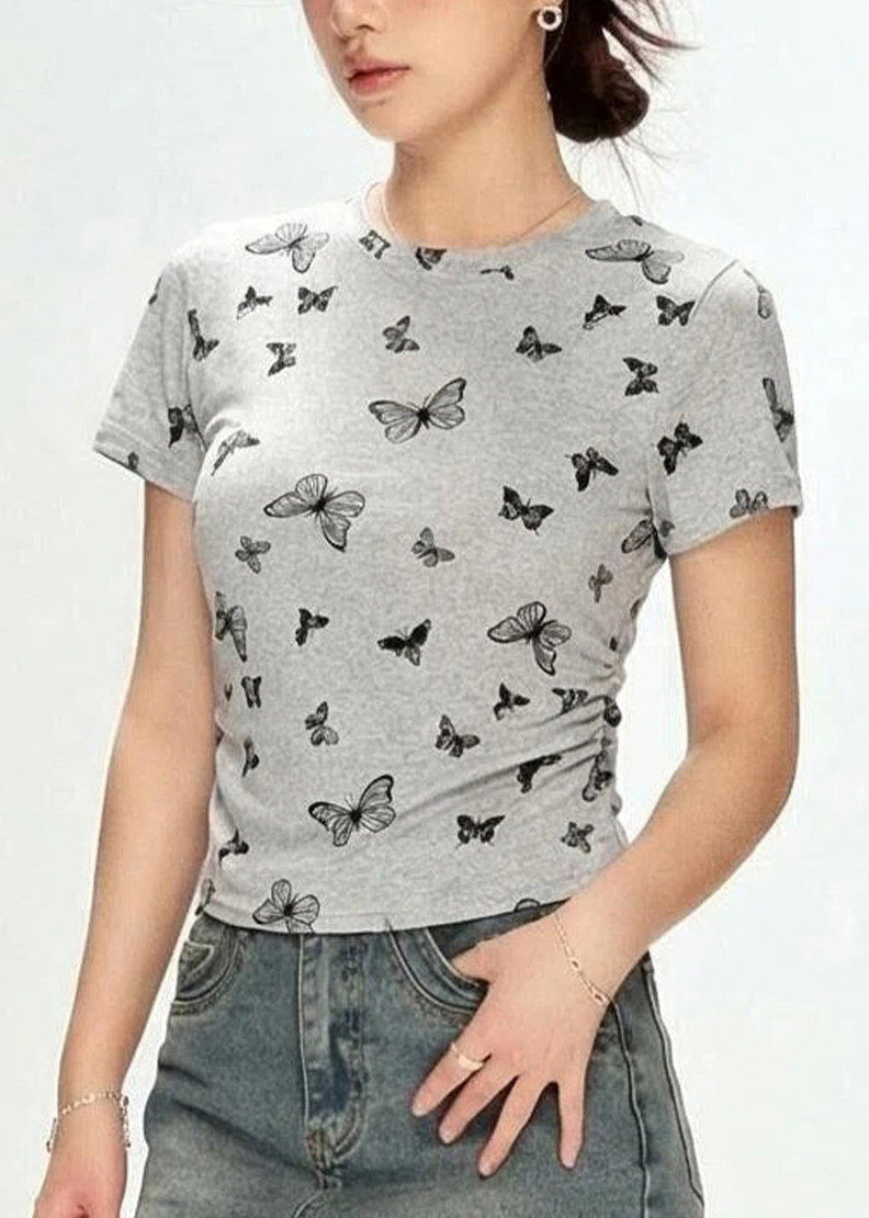 Organic Grey O-Neck Butterfly Print Cinched T Shirt Short Sleeve