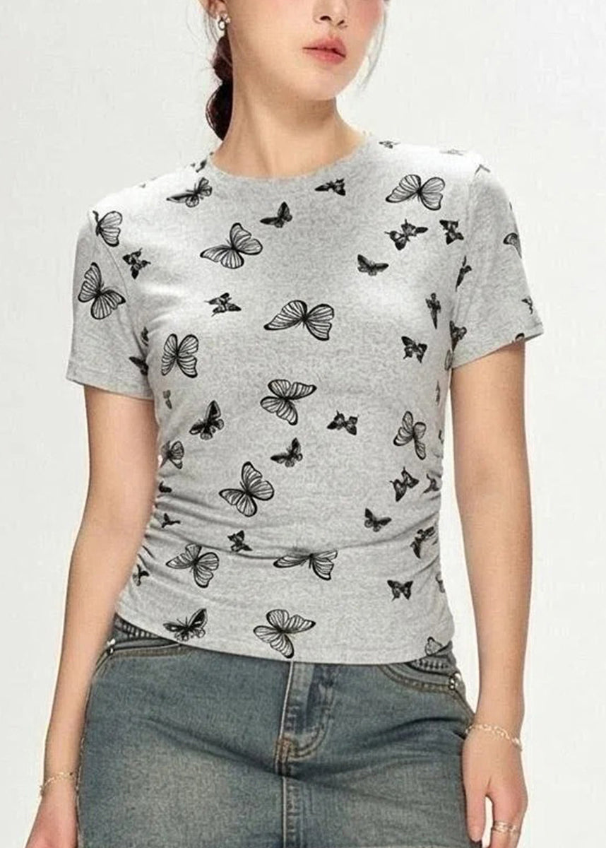 Organic Grey O-Neck Butterfly Print Cinched T Shirt Short Sleeve