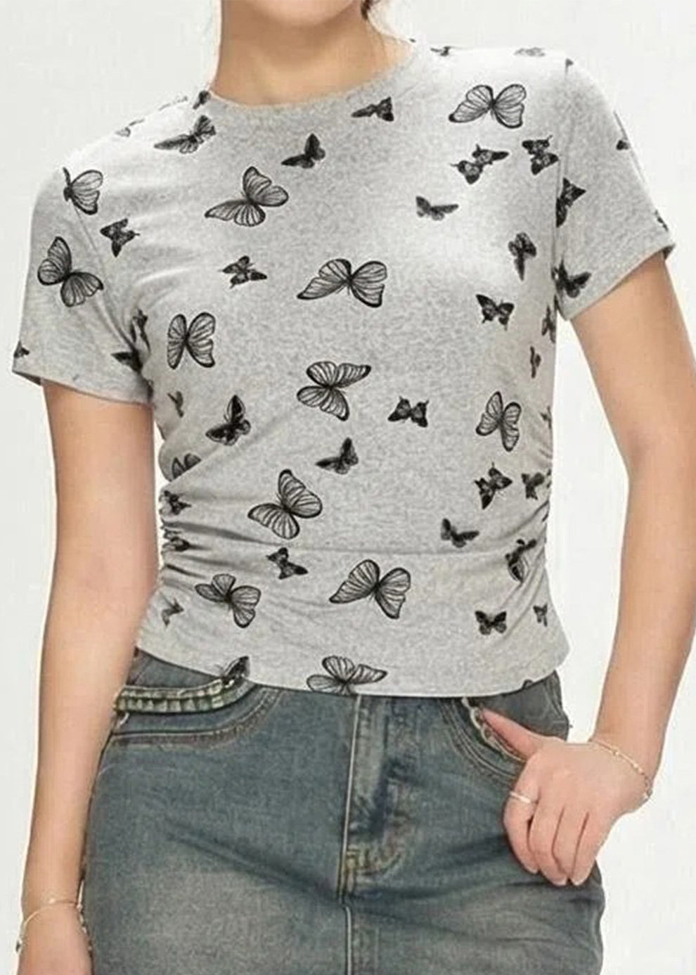 Organic Grey O-Neck Butterfly Print Cinched T Shirt Short Sleeve