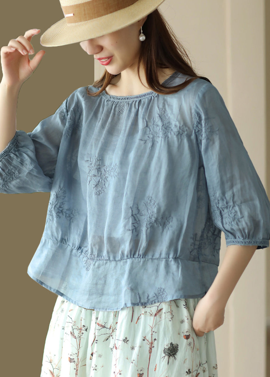 Organic Grey O Neck Embroidered Linen Shirts Summer