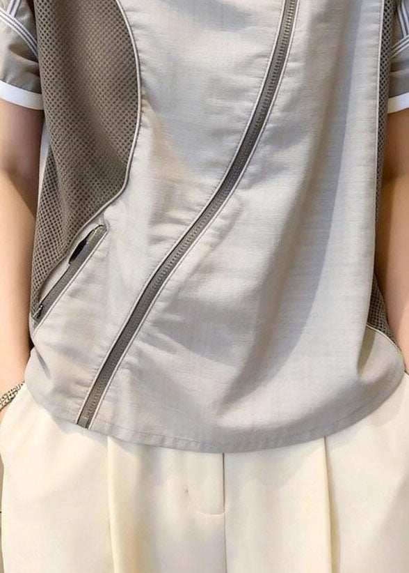 Organic Grey O-Neck Patchwork Cotton Blouse Tops Summer