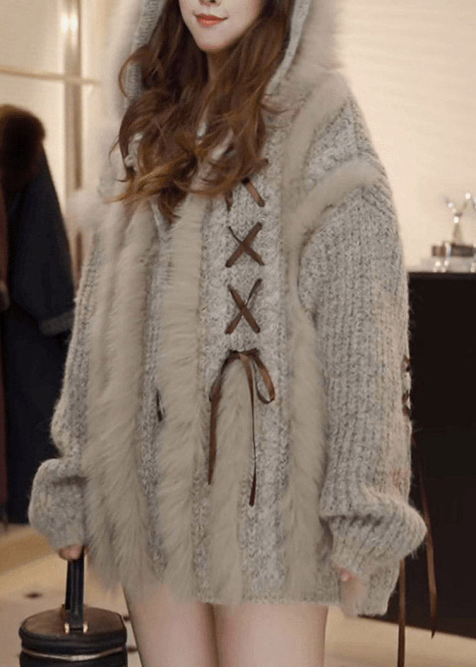 Organic Grey Patchwork Tie Lace Hooded Cotton Knit Cardigan Fall