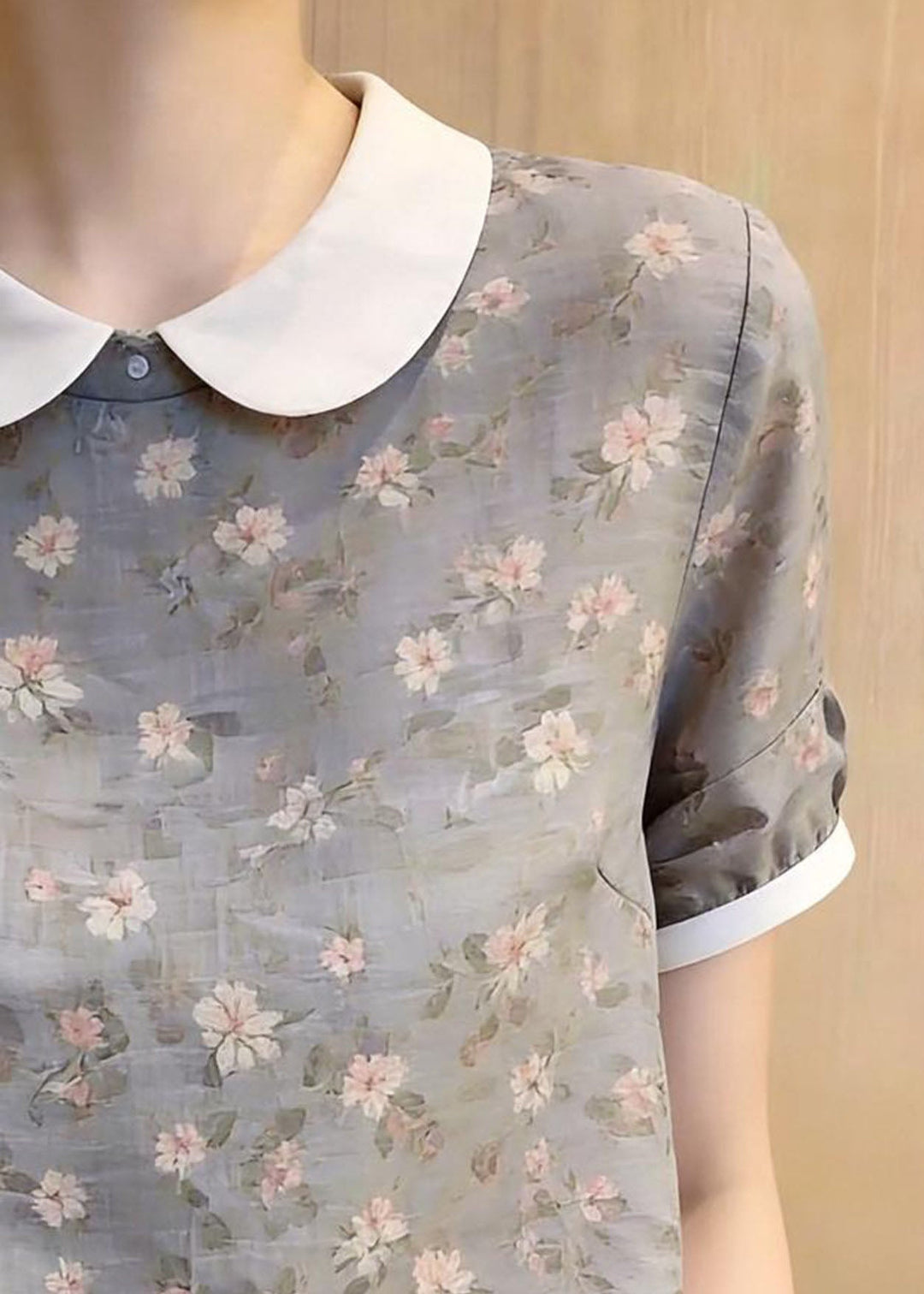 Organic Grey Print Drawstring Chiffon Shirt Summer