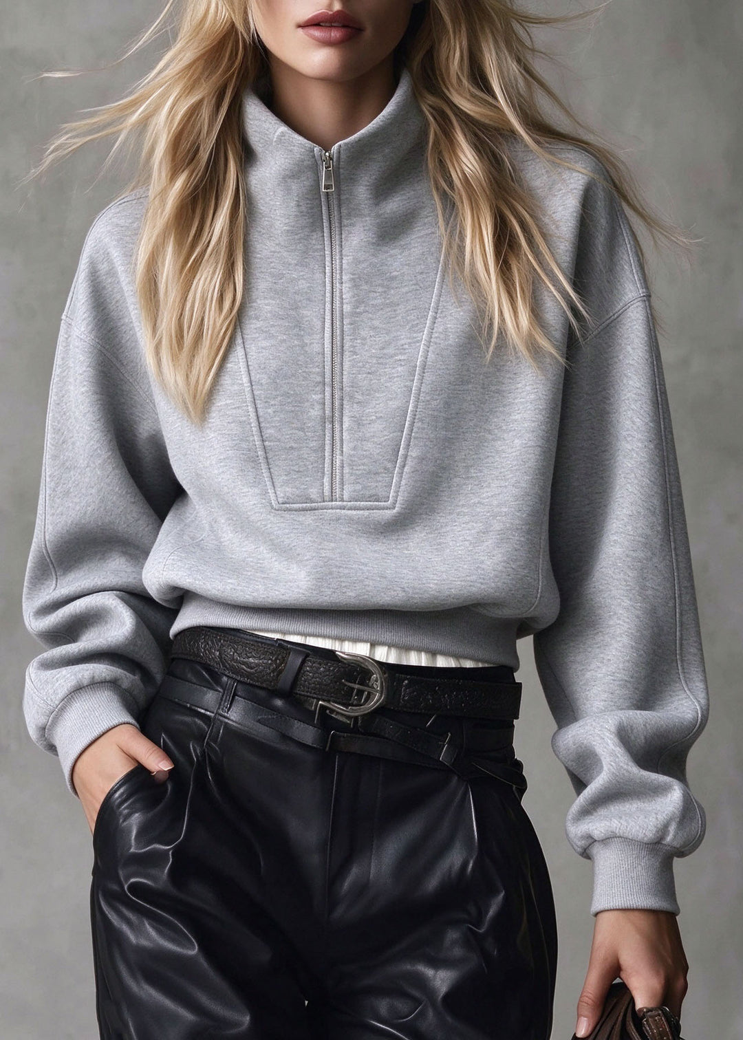 Organic Grey Stand Collar Zip Up Patchwork Cotton Pullover Streetwear Fall
