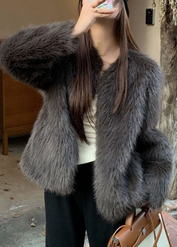 Organic Grey V Neck Leather And Fur Coats Long Sleeve