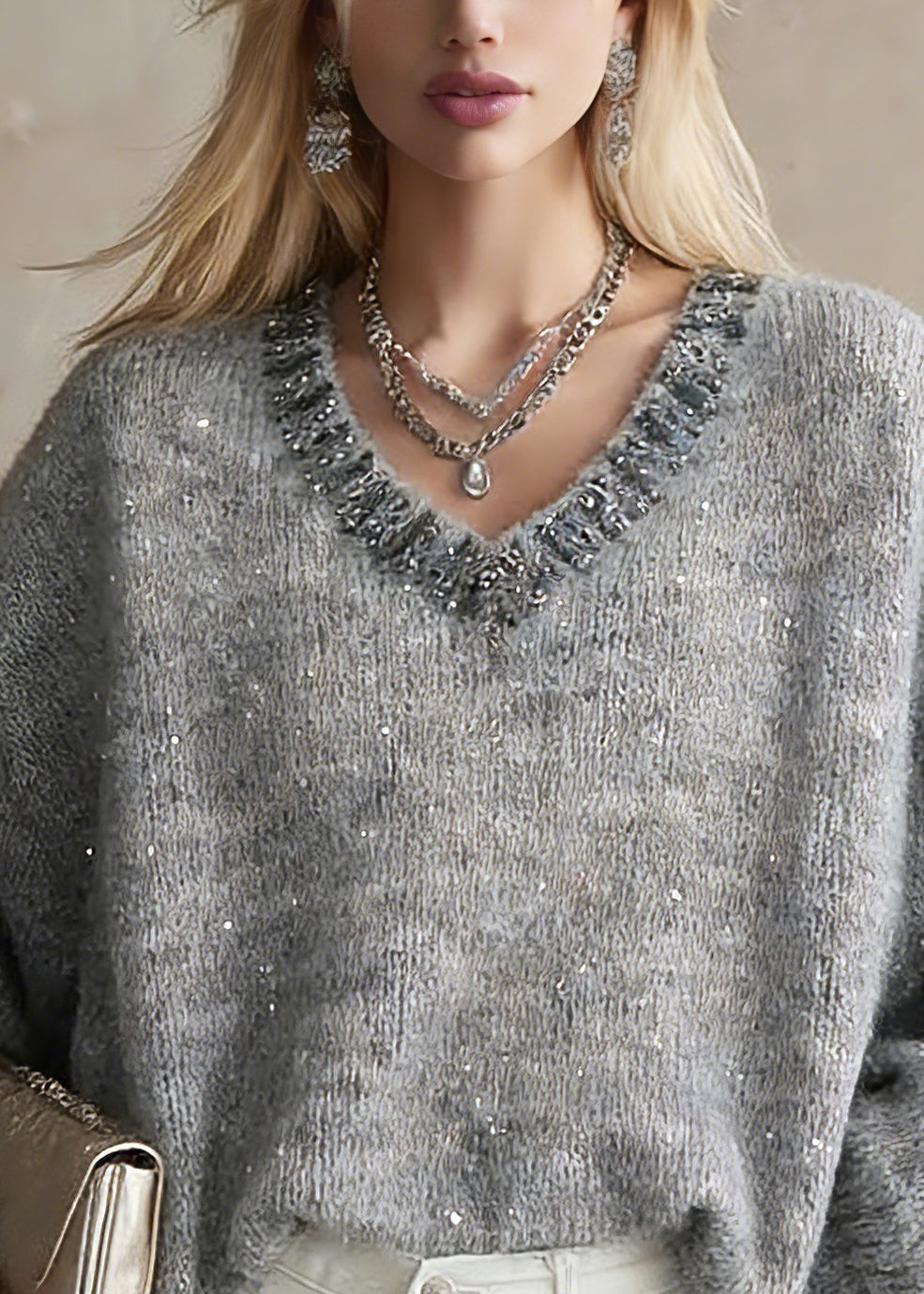 Organic Grey V Neck Zircon Cotton Knit Short Sweater Lantern Sleeve - Omychic