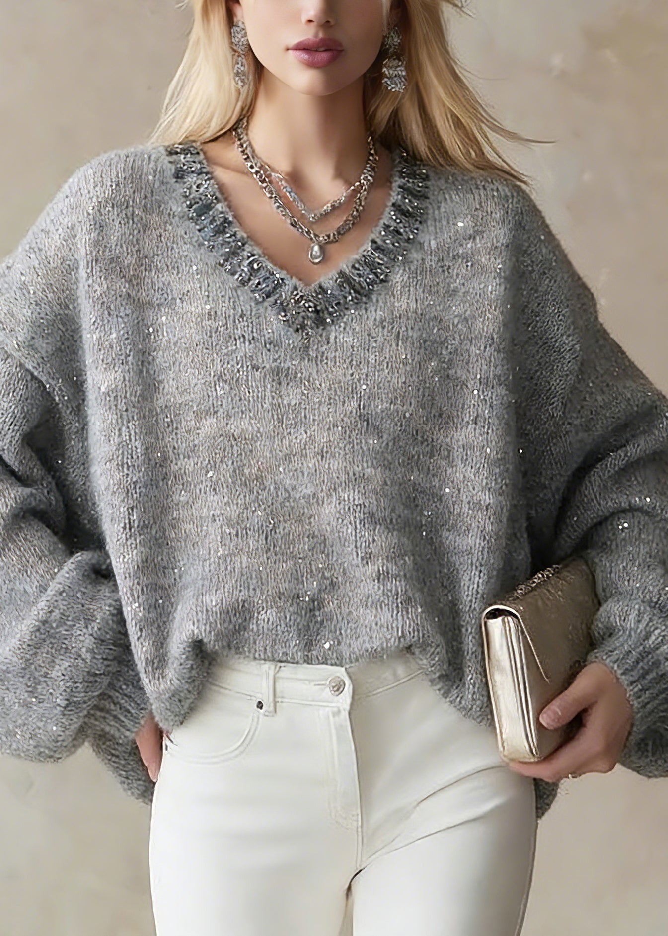 Organic Grey V Neck Zircon Cotton Knit Short Sweater Lantern Sleeve - Omychic