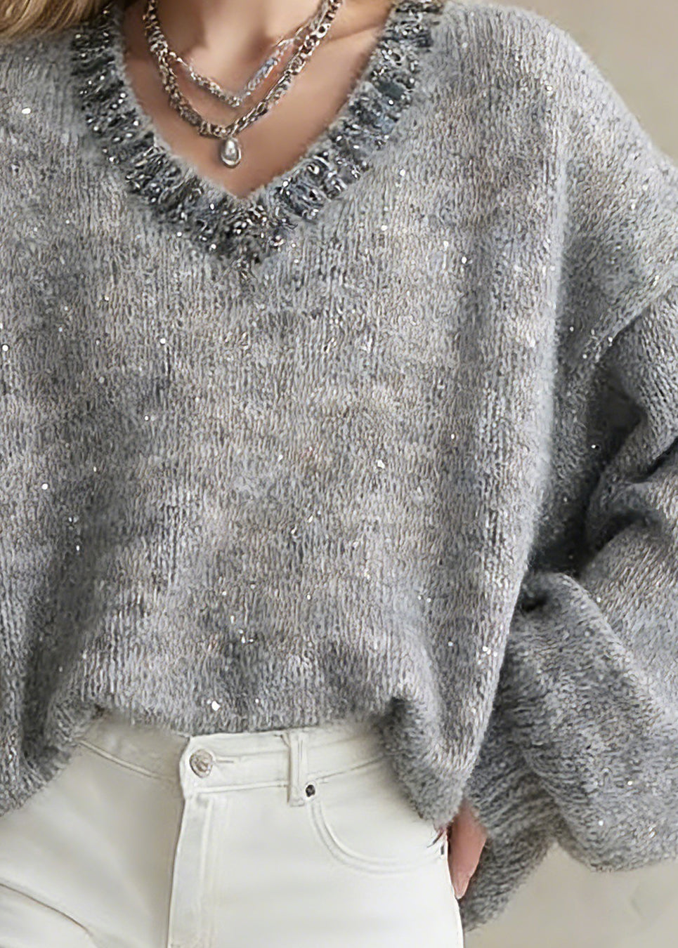 Organic Grey V Neck Zircon Cotton Knit Short Sweater Lantern Sleeve - Omychic