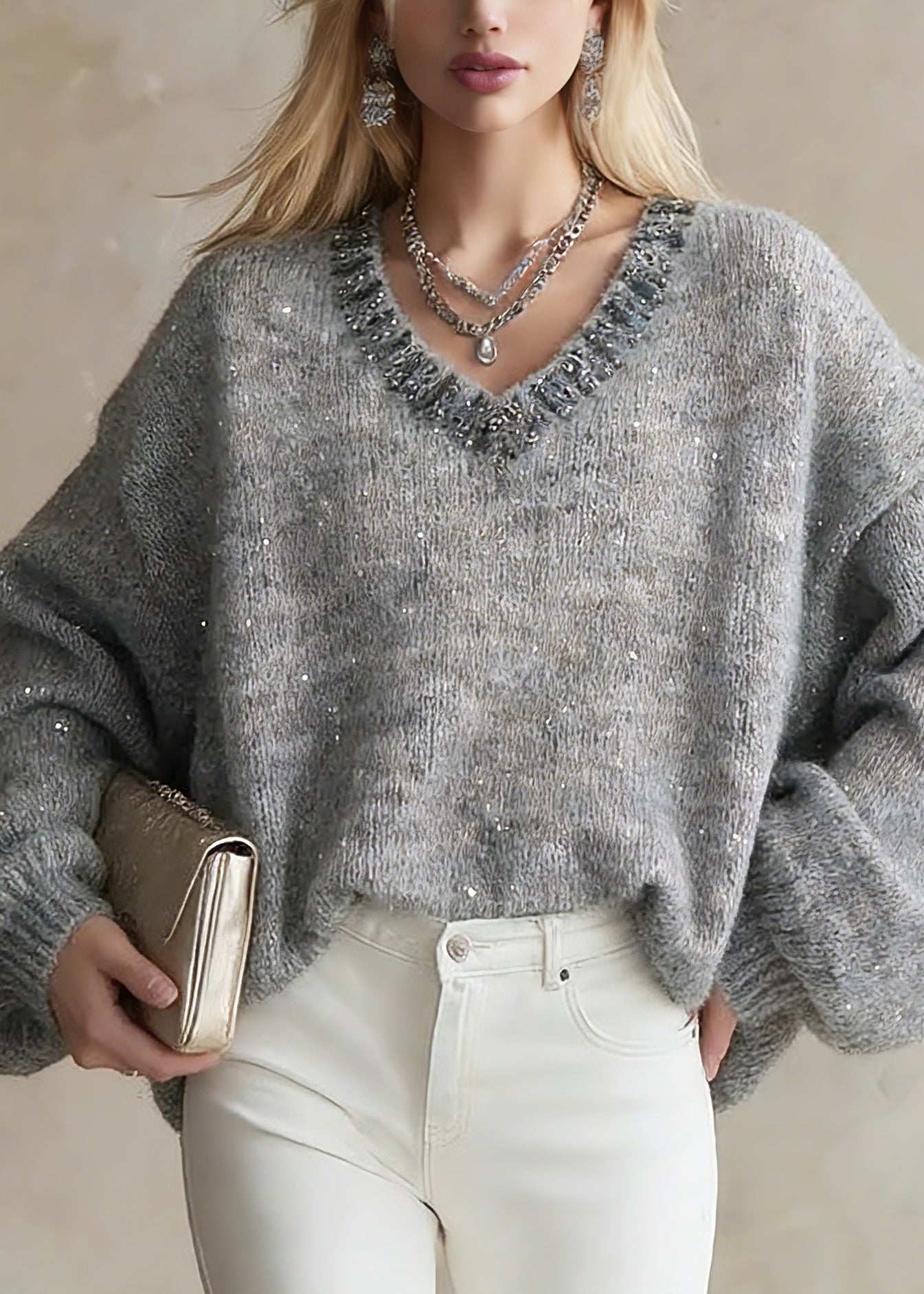 Organic Grey V Neck Zircon Cotton Knit Short Sweater Lantern Sleeve - Omychic