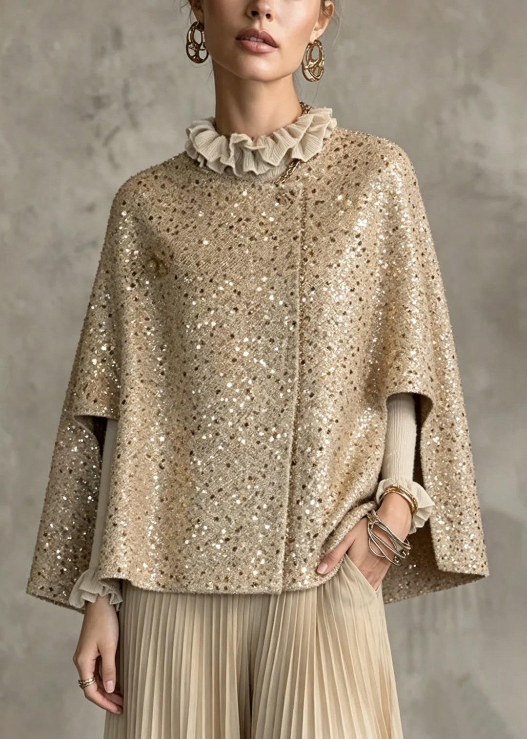Organic Khaki O-Neck Sequins Woolen Cloak Coats Fall