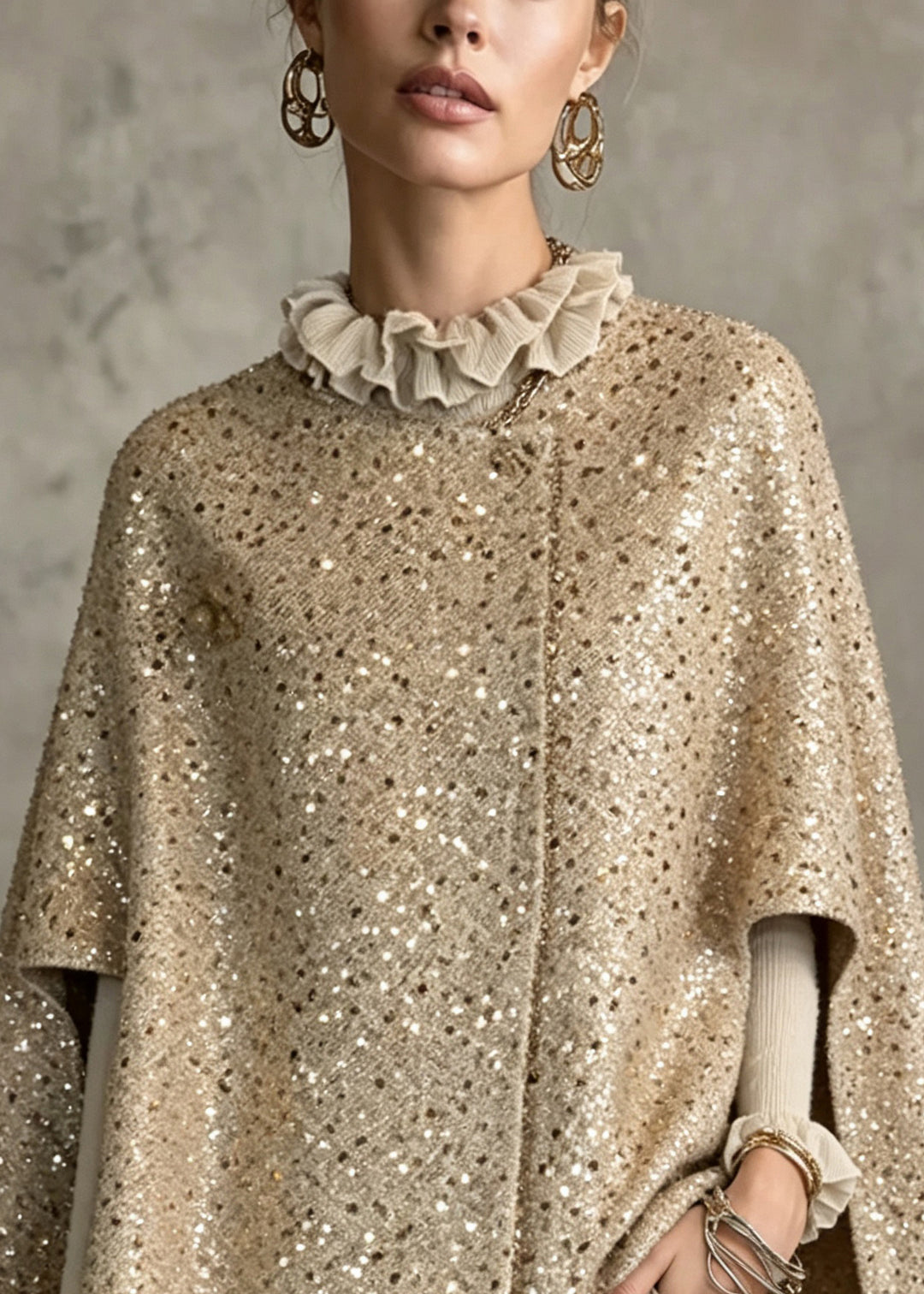 Organic Khaki O-Neck Sequins Woolen Cloak Coats Fall