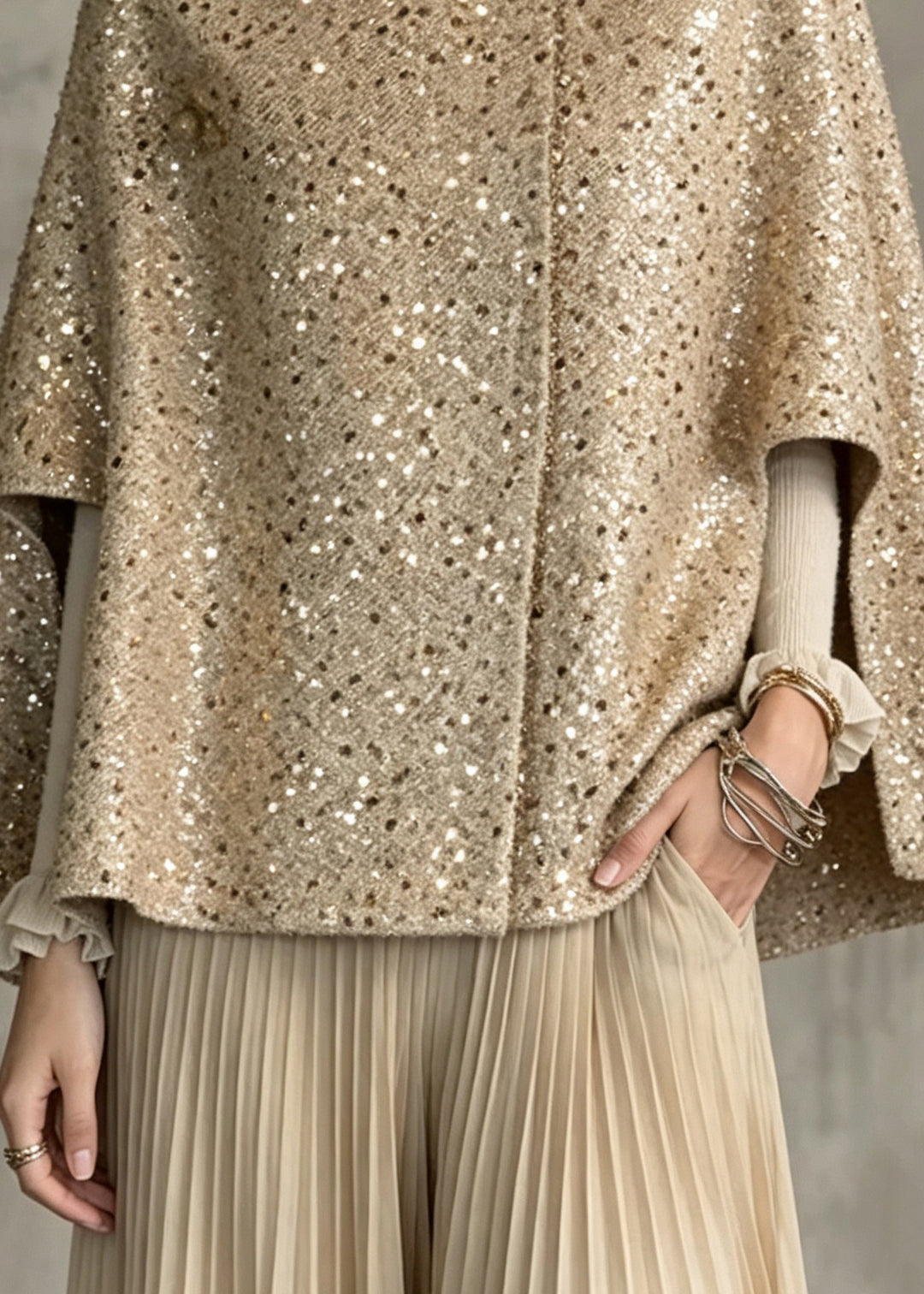Organic Khaki O-Neck Sequins Woolen Cloak Coats Fall