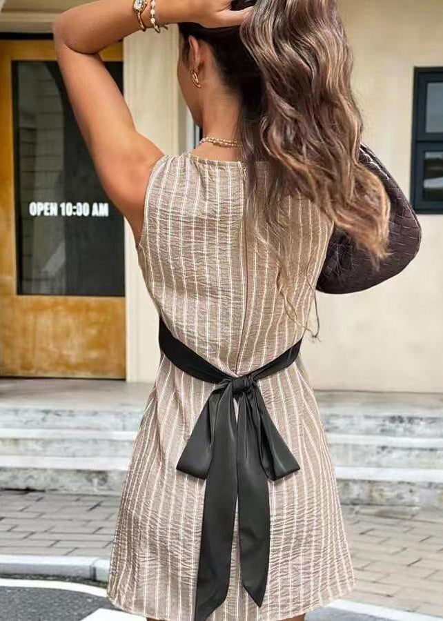 Organic Khaki Striped O-Neck Cotton Day Dress Summer