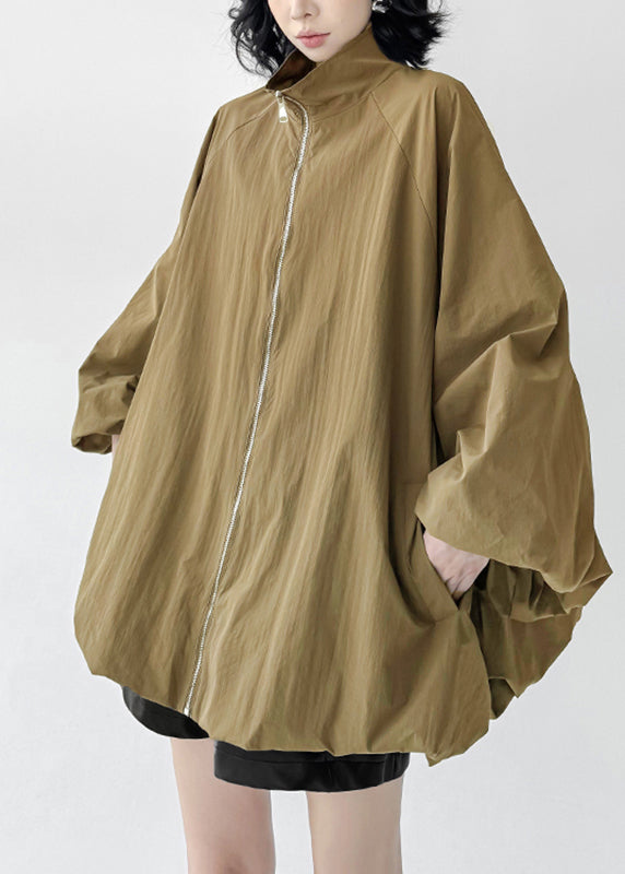 Organic Khaki Zippered Patchwork Solid Trench Coats Fall