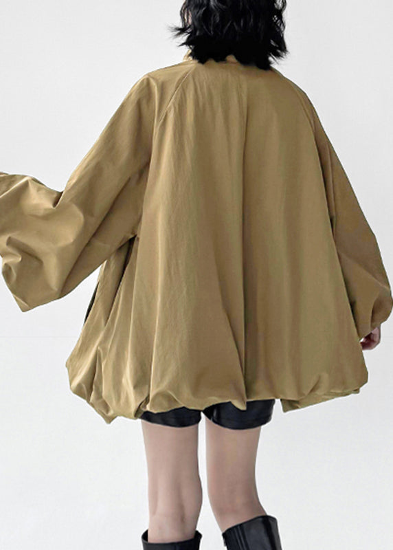 Organic Khaki Zippered Patchwork Solid Trench Coats Fall