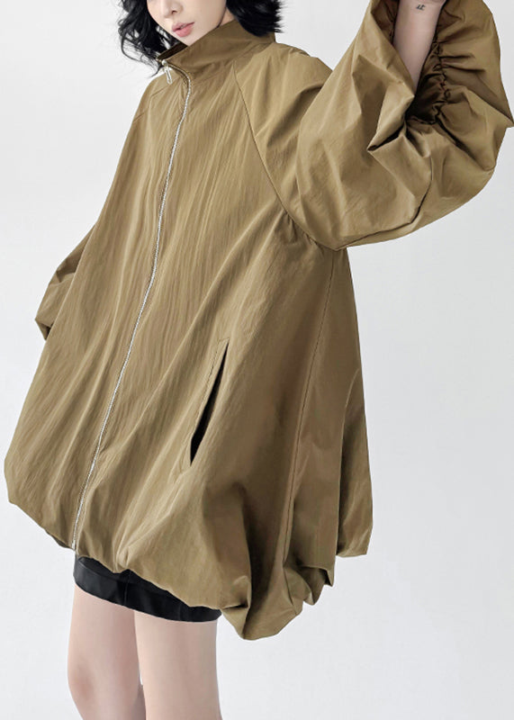 Organic Khaki Zippered Patchwork Solid Trench Coats Fall