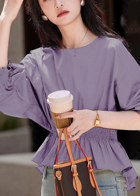 Organic Light Blue Wrinkled Elastic Waist Shirt Flare Sleeve