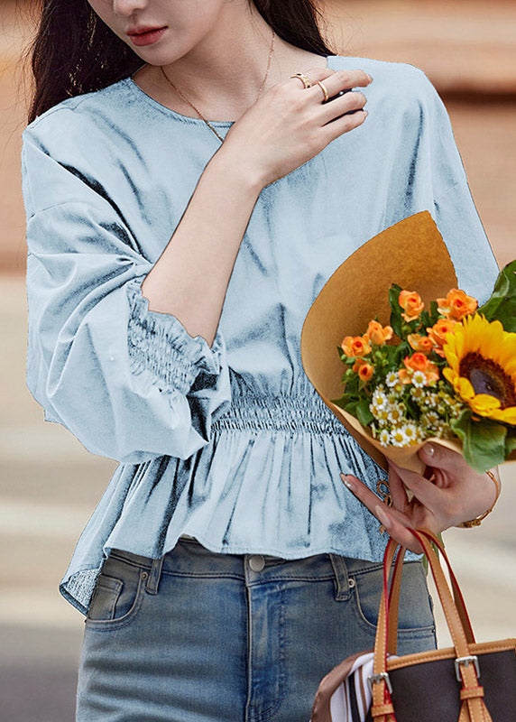 Organic Light Blue Wrinkled Elastic Waist Shirt Flare Sleeve
