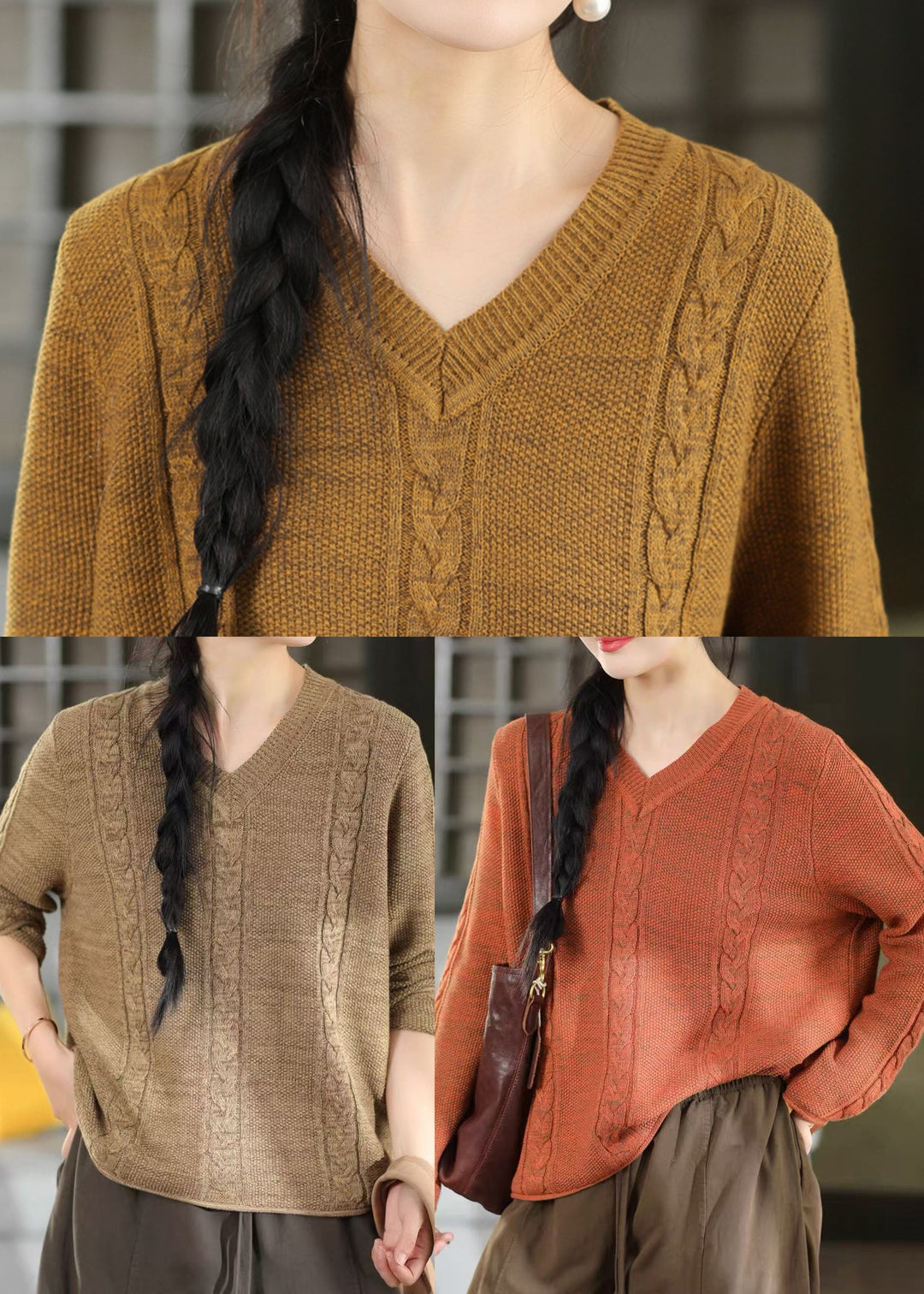 Organic Light Camel Oversized Cable Knit Short Sweater Winter