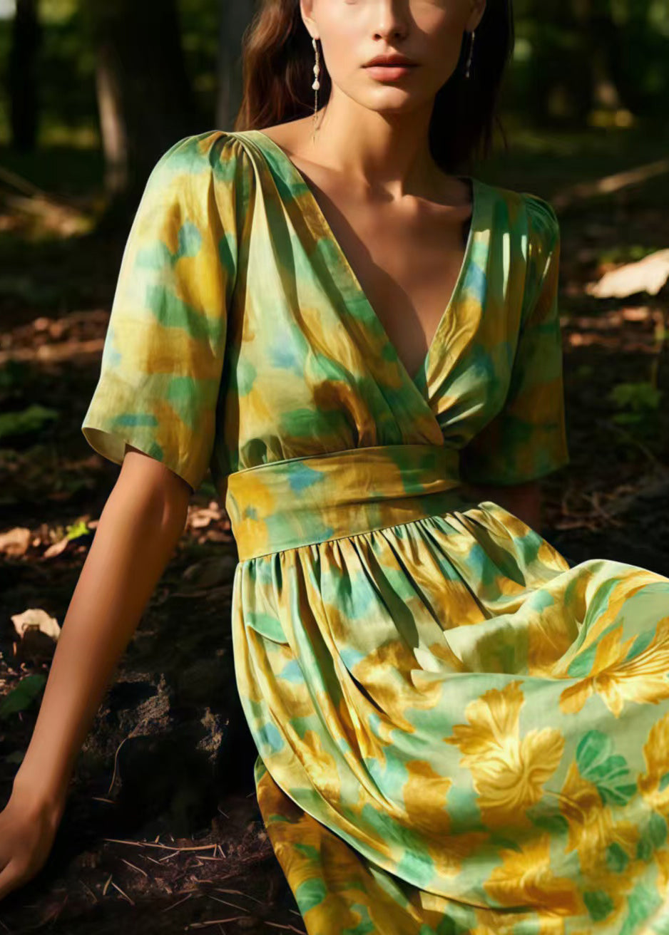 Organic Light Green V Neck Print Silk Dresses Summer