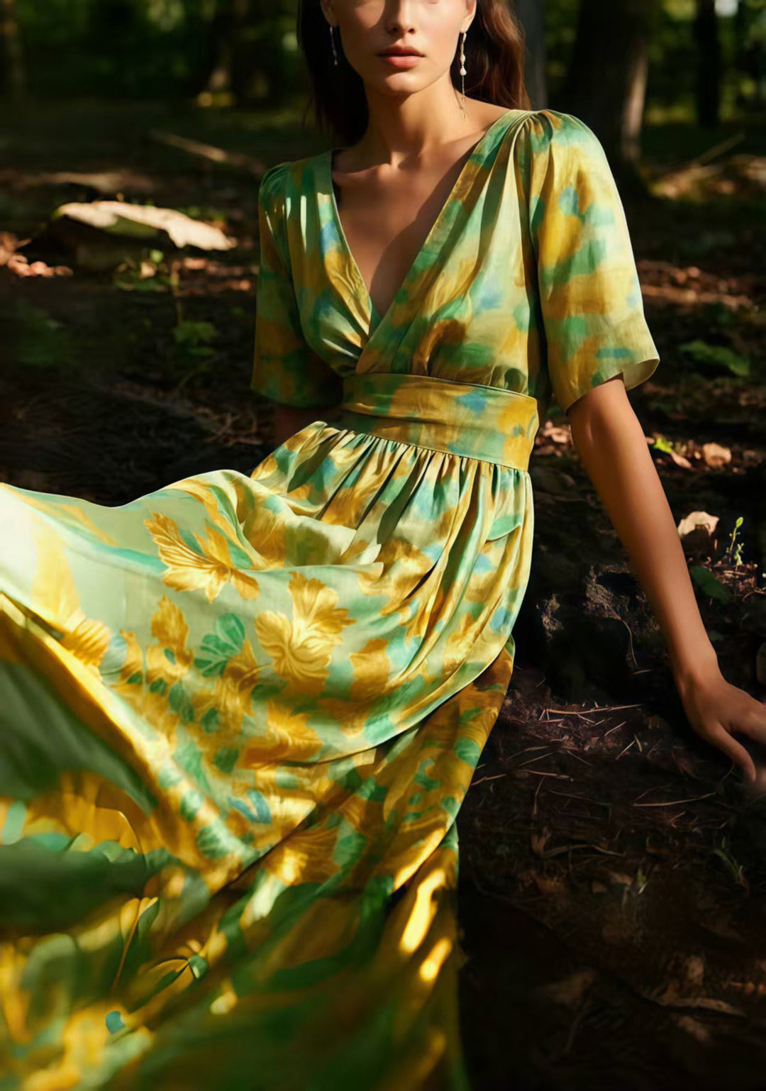Organic Light Green V Neck Print Silk Dresses Summer