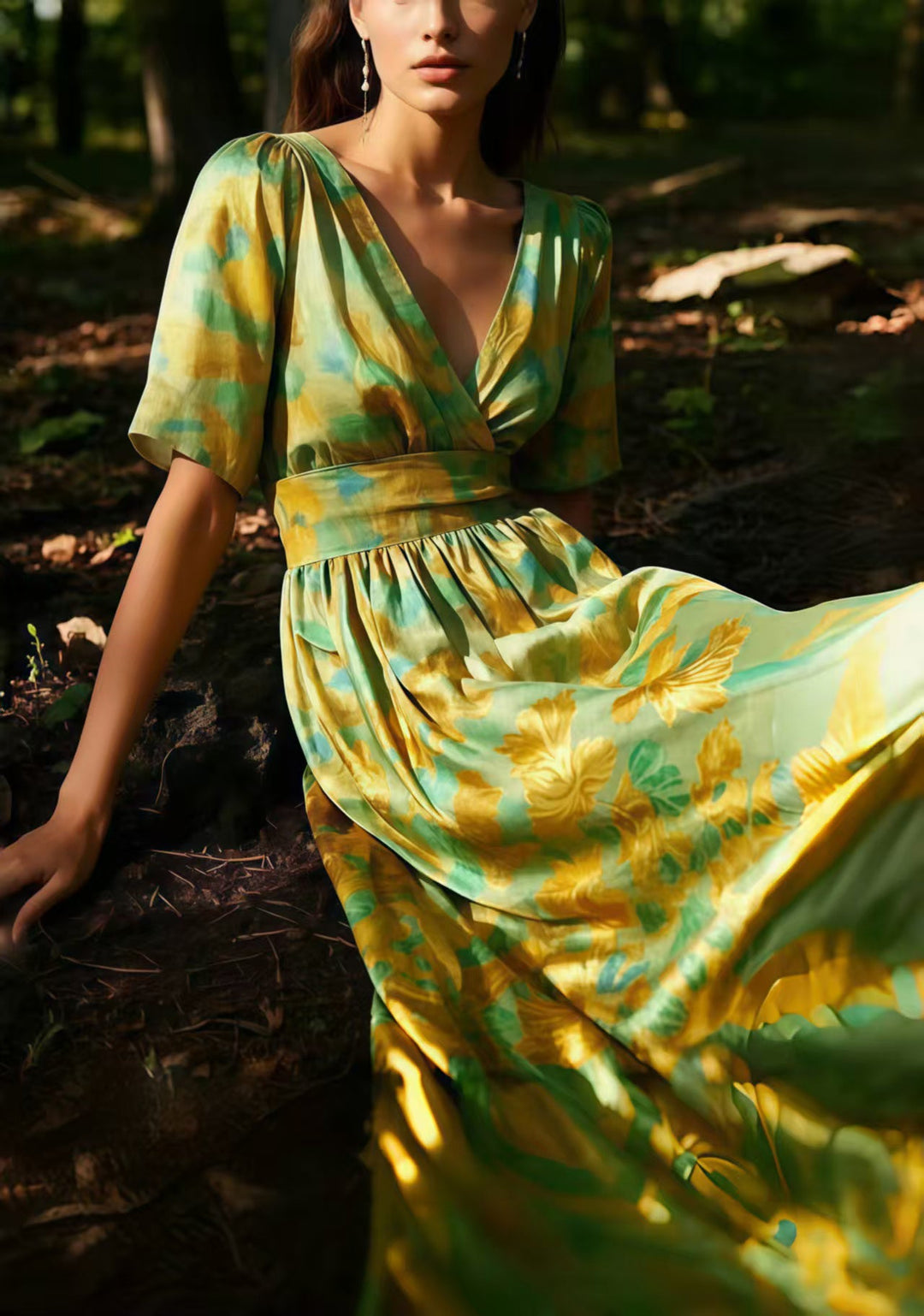 Organic Light Green V Neck Print Silk Dresses Summer