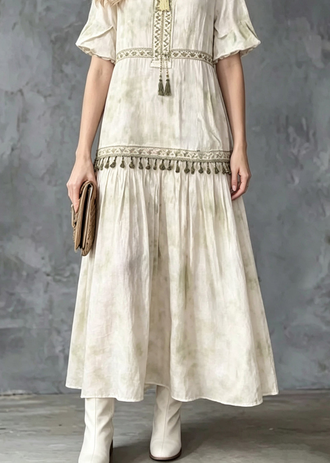 Organic Light Green V Neck Tie Dye Linen Dresses Short Sleeve